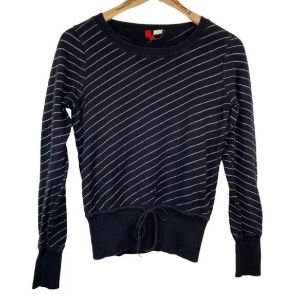 DIVIDED BY H&M BLACK AND METALLIC SILVER STRIPED DRAWSTRING WAIST SWEATER 10 - Picture 1 of 6